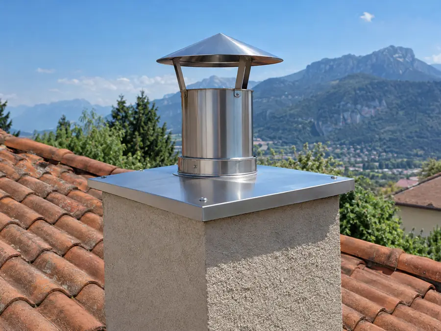 Sortie de tubage inox sur la souche, plaque d’étanchéité et chapeau
