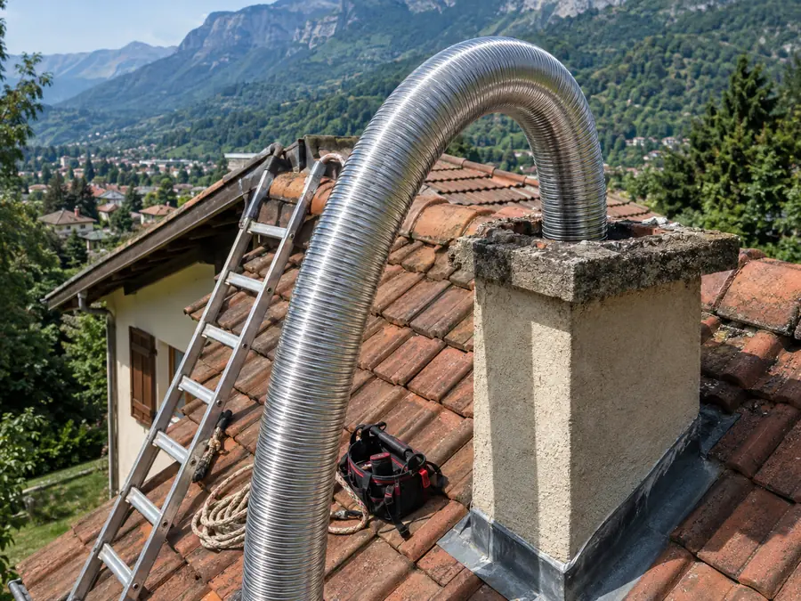 Conduit inox flexible descendu dans une souche pour un tubage